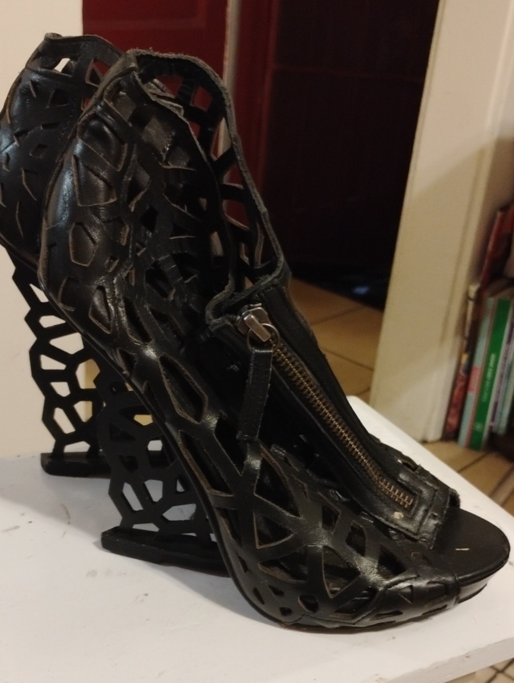 Black Laser-Cut Zip Front High Heel Sandals